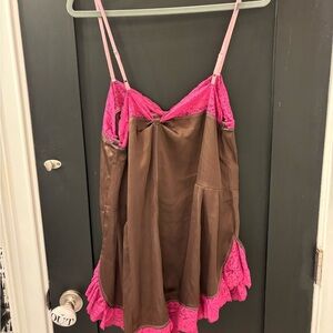 Free People Pink and Brown Satin Chemise with Lace Trim